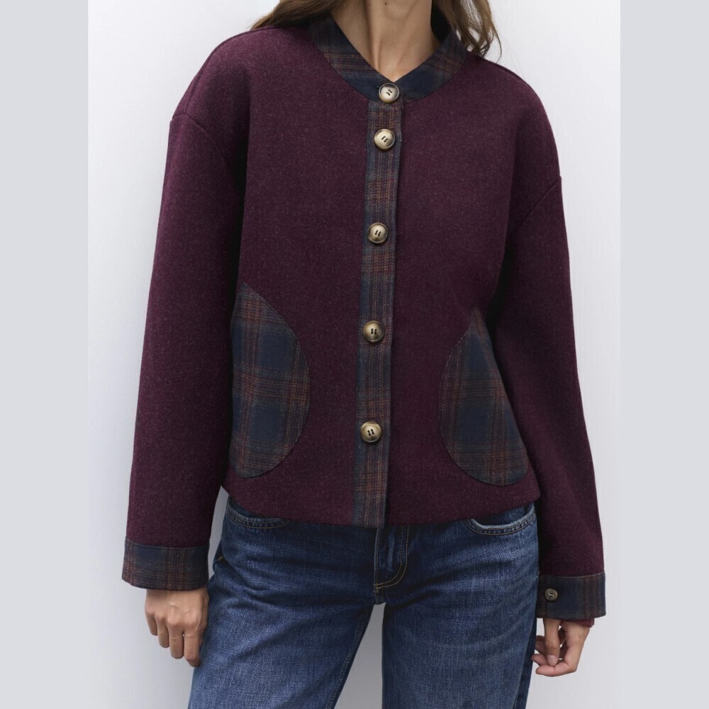 Burgundy Plaid Trim Button Front Collarless Brushed Fabric Jacket